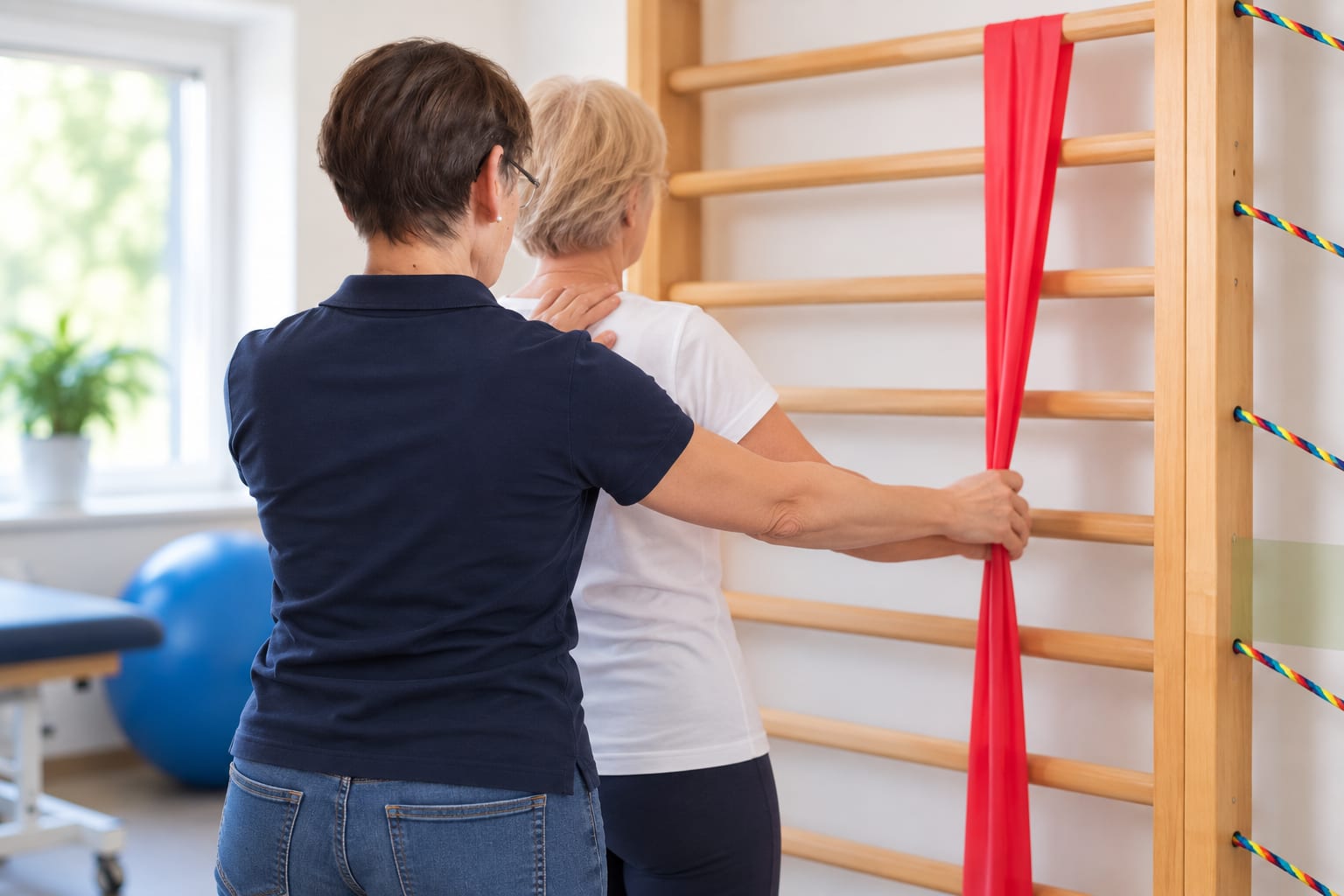 Therapeutin unterstützt eine Patientin bei einer Übung mit dem Theraband an der Sprossenwand