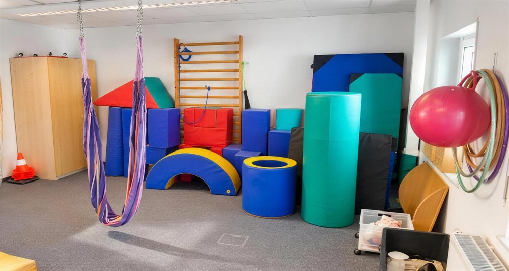 Bewegungsraum der Praxis in Plettenberg mit Schaukel, Sprossenwand, Schaumstoff-Bausteinen und Pezziball