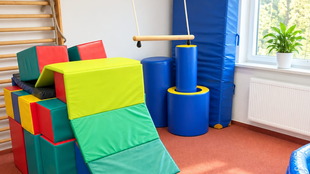 Heller Therapieraum der Praxis in Iserlohn-Letmathe mit Bewegungslandschaft aus Schaumstoffbausteinen, Sprossenwand und Schaukel